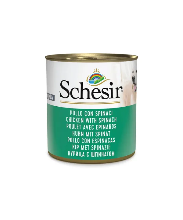 schesir umido per cani pollo con spinaci in gelatina 285g in lattina