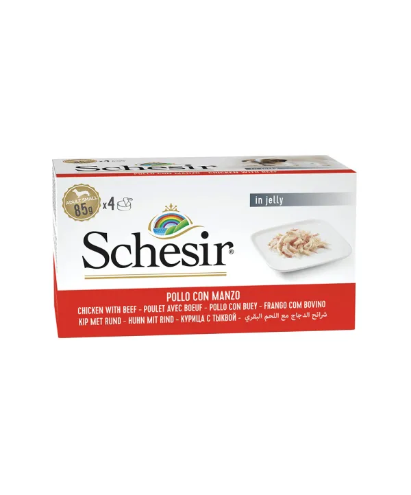 schesir filetti di pollo con manzo in gelatina 85g in lattina