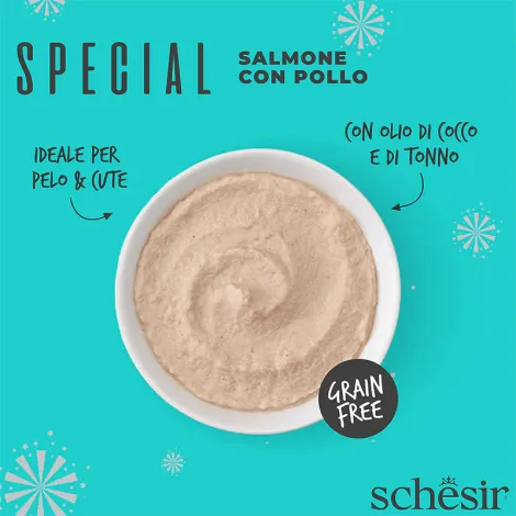 schesir skin&coat salmone con pollo in mousse 70g in busta