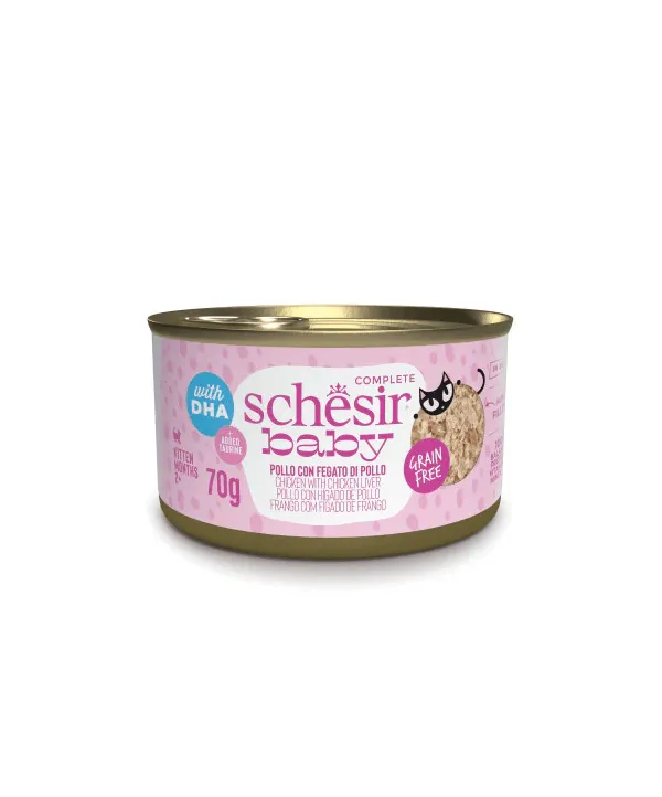 Immagine di anteprima del prodotto dal titolo: schesir filettini di pollo con fegato di pollo in brodo 70g in lattina