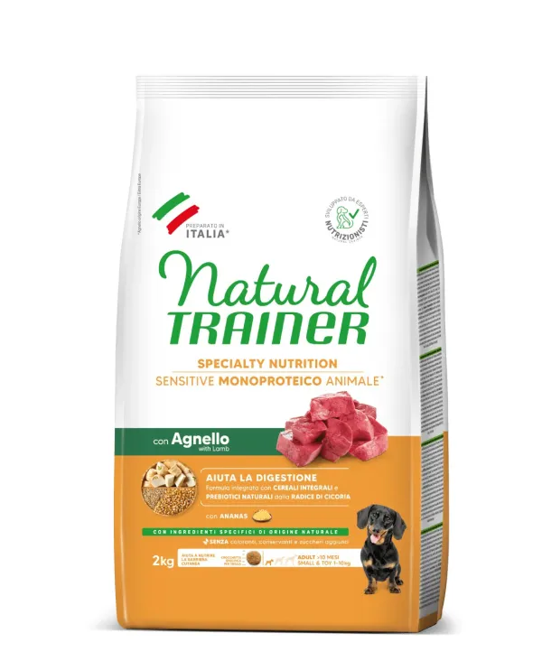 natural trainer specialty nutrition sensitive monoproteico no gluten small&toy adult con agnello e cereali integrali 2 kg
