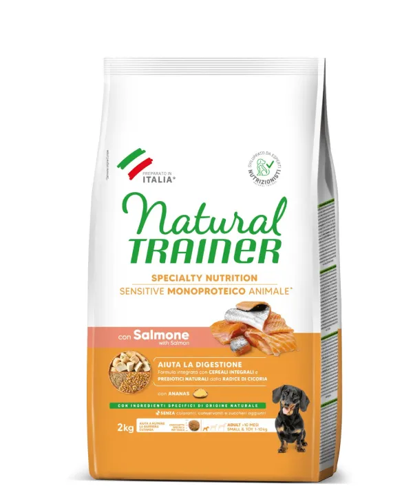 natural trainer specialty nutrition sensitive monoproteico no gluten small&toy adult con salmone e cereali integrali 2 kg